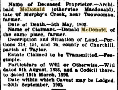 The Brisbane Courier Mon 25 Aug 1902, Linked To: <a href='i663.html' >Archibald McDonald</a>